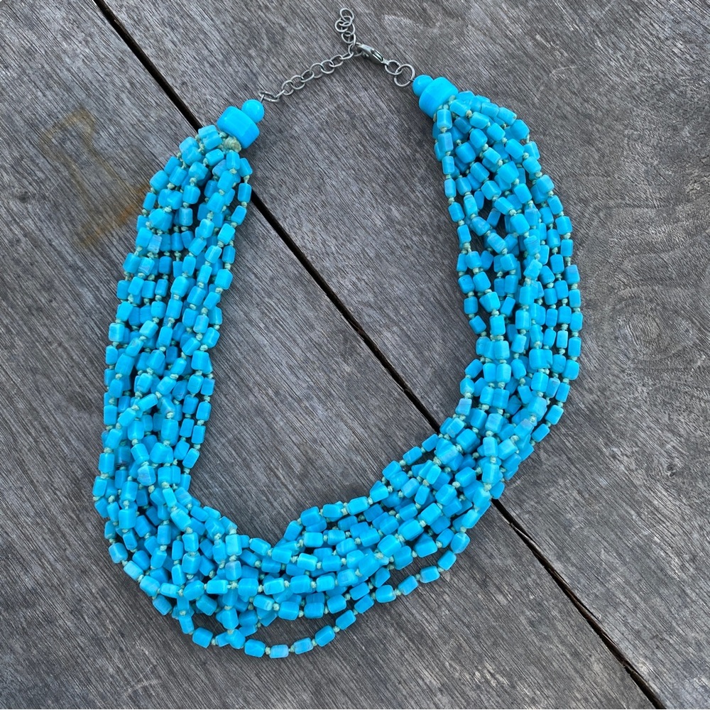Vintage MULTI-STRAND necklace choker turquoise beaded beads twisted collar blue